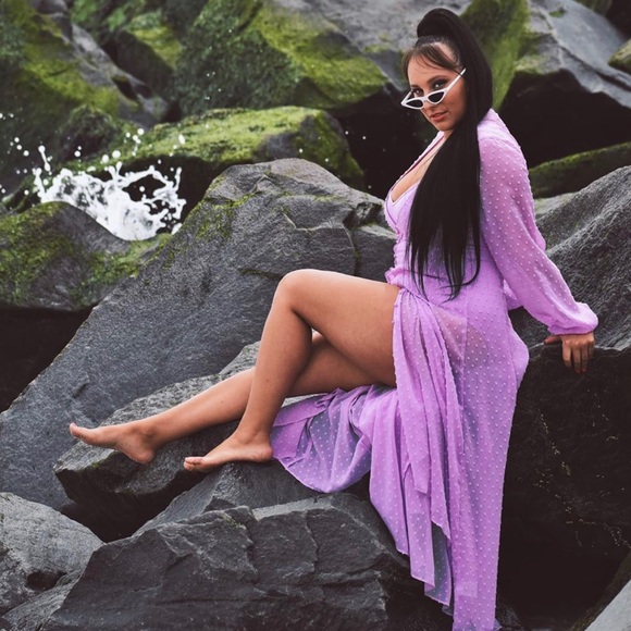 EXPRESS ROCKY BARNES SWISS DOT SHEER KIMONO DRESS - Picture 2 of 8